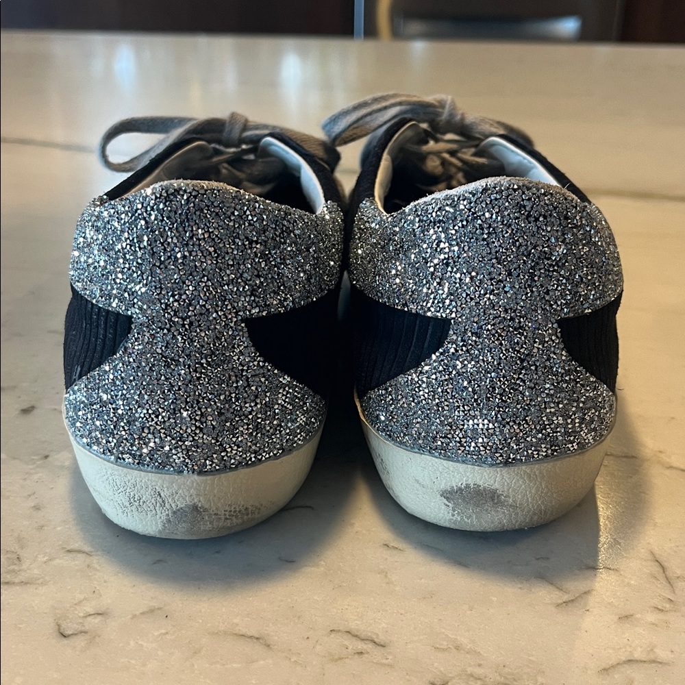Golden Goose Black Sneakers with Silver Glitter Stars. Size 40 - Picture 2 of 7